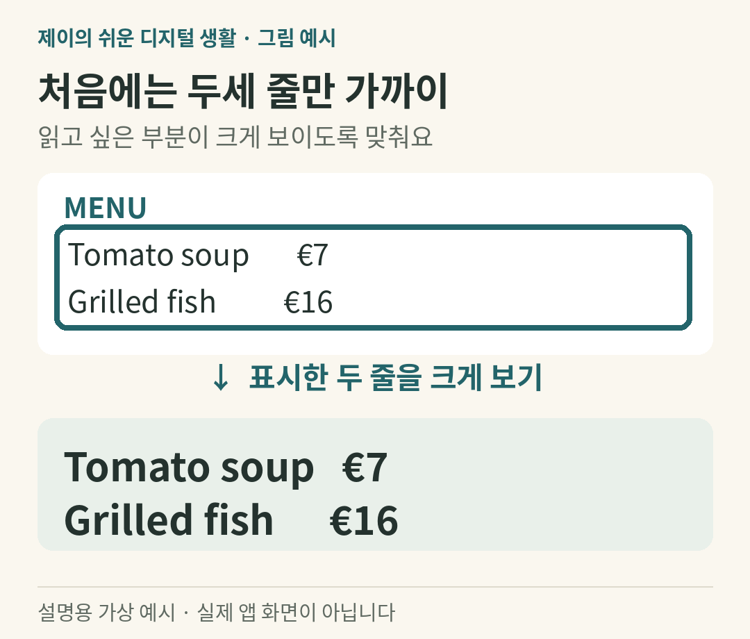 설명용 가상 예시: 메뉴판 전체 대신 음식 두 줄을 크게 비추는 예시
