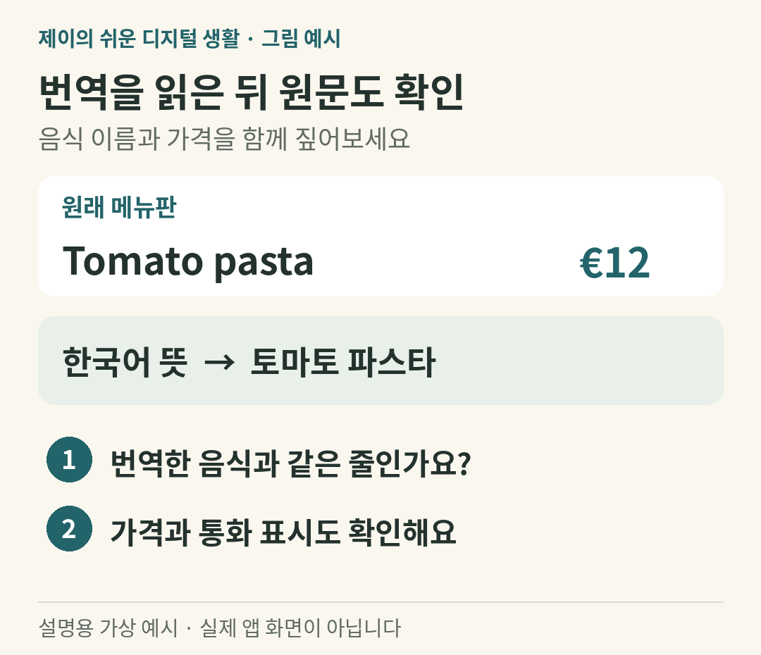 설명용 가상 예시: 번역한 메뉴의 원문과 가격 12유로를 함께 확인하는 예시
