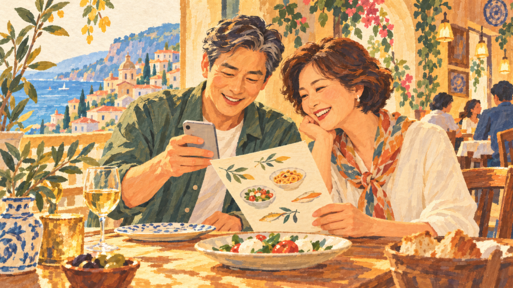 AI 일러스트: 여행 중 메뉴판과 휴대폰을 함께 살펴보는 한국 중장년 부부