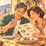 AI 일러스트: 여행 중 메뉴판과 휴대폰을 함께 살펴보는 한국 중장년 부부