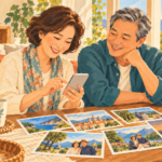 AI 일러스트: 추억 사진과 휴대폰을 보며 웃는 한국 중장년 부부