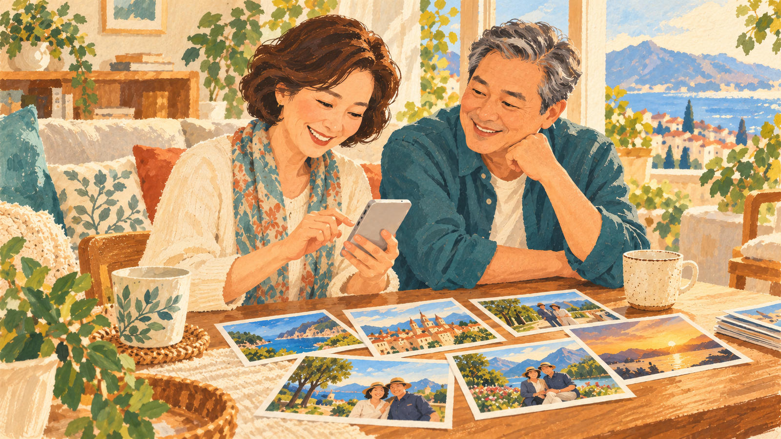 AI 일러스트: 추억 사진을 함께 보는 부부