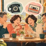 추억의 물건 퀴즈를 즐기는 5060 친구들의 AI 설명용 일러스트
