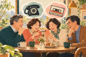 추억의 물건 퀴즈를 즐기는 5060 친구들의 AI 설명용 일러스트