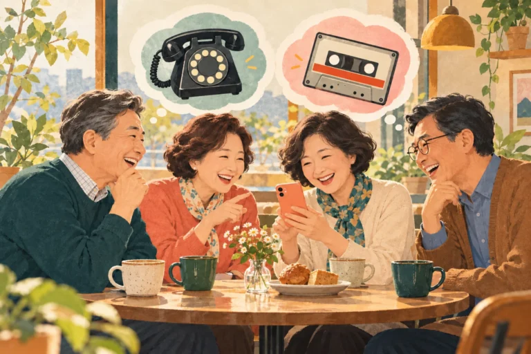 추억의 물건 퀴즈를 즐기는 5060 친구들의 AI 설명용 일러스트