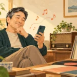 스마트폰을 들고 흥얼거리며 추억의 노래를 찾는 50대 남성의 AI 설명용 일러스트