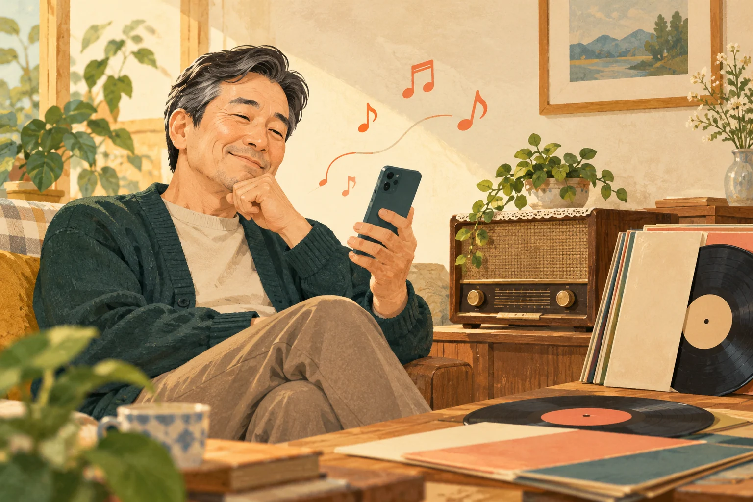 스마트폰을 들고 흥얼거리며 추억의 노래를 찾는 50대 남성의 AI 설명용 일러스트