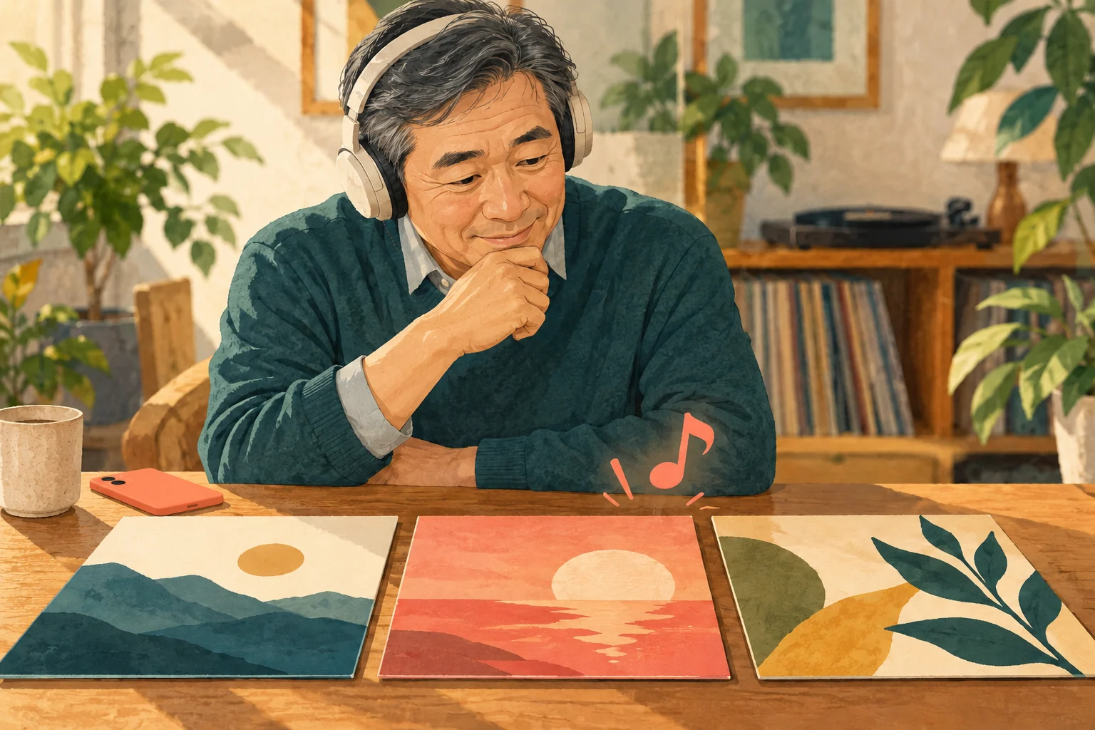 후보 곡을 들어보며 기억 속 노래인지 확인하는 남성의 AI 설명용 일러스트