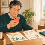 두 장의 종이 안내문을 스마트폰으로 정리하려는 남성의 AI 설명용 일러스트