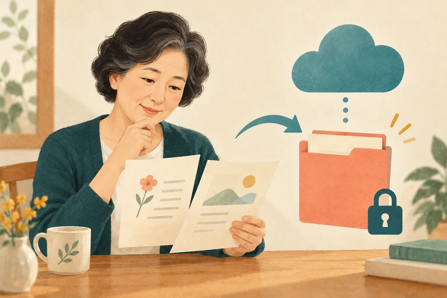 두 페이지 문서를 클라우드에 보관하기 전에 점검하는 AI 개념 그림