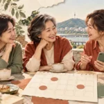 카페 테이블에 모인 중장년 친구들과 빈 달력 모양 종이로 모임 날짜를 함께 고르는 분위기를 표현한 콜라주