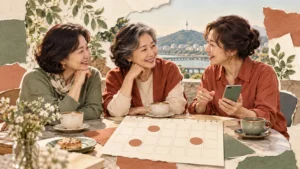 카페 테이블에 모인 중장년 친구들과 빈 달력 모양 종이로 모임 날짜를 함께 고르는 분위기를 표현한 콜라주