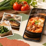 요리 사진이 보이는 스마트폰과 음식 사진 카드, 신선한 재료로 나만의 요리 영상 모음을 표현한 콜라주