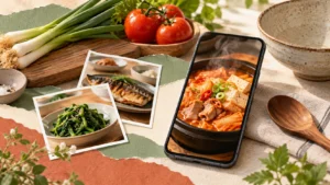 요리 사진이 보이는 스마트폰과 음식 사진 카드, 신선한 재료로 나만의 요리 영상 모음을 표현한 콜라주