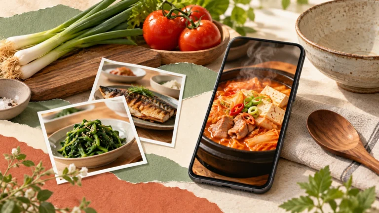 요리 사진이 보이는 스마트폰과 음식 사진 카드, 신선한 재료로 나만의 요리 영상 모음을 표현한 콜라주