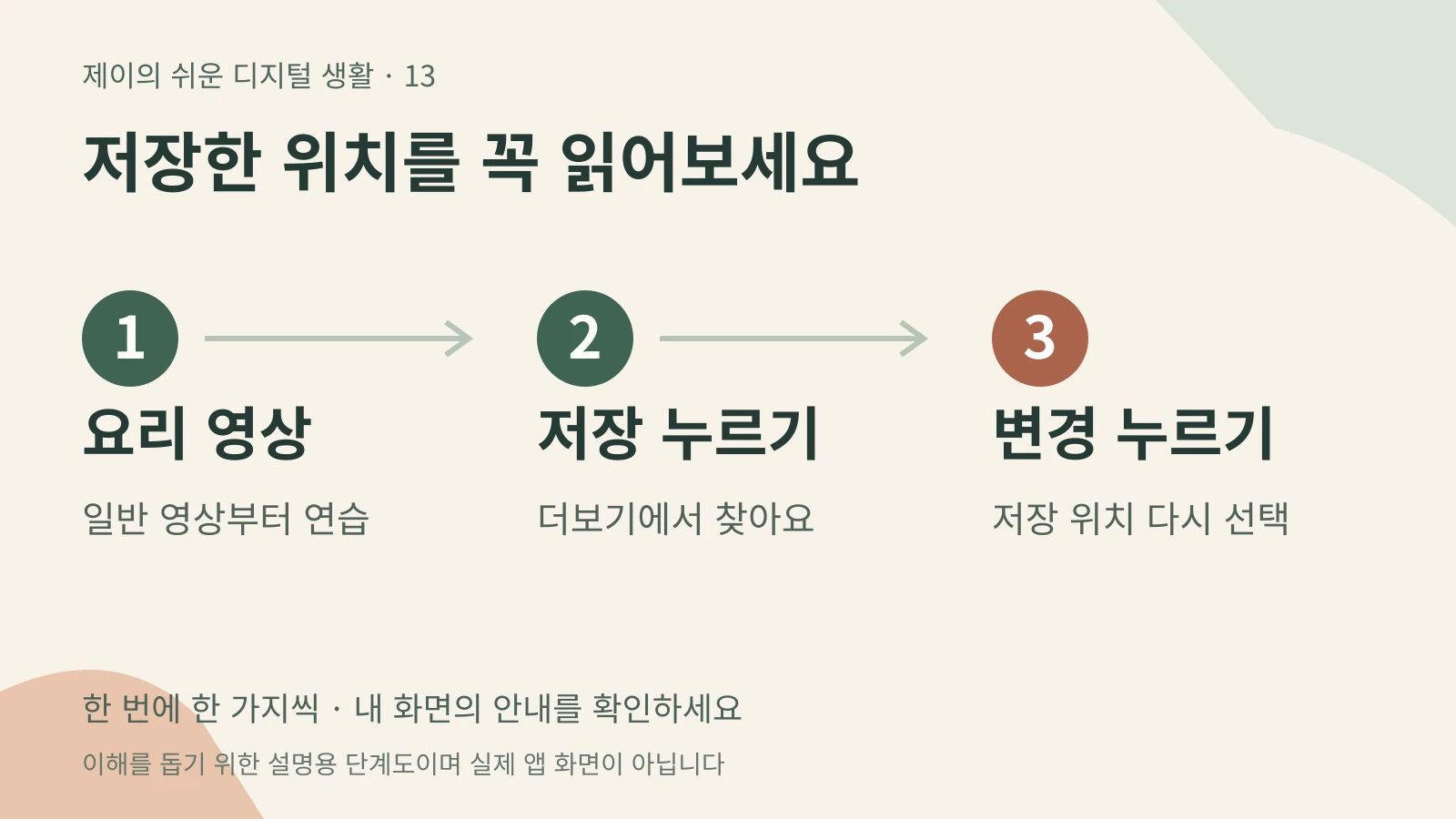 저장한 위치를 꼭 읽어보세요 — 요리 영상 일반 영상부터 연습 → 저장 누르기 더보기에서 찾아요 → 변경 누르기 저장 위치 다시 선택