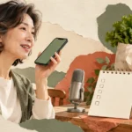 빈 체크박스 종이와 마이크, 스마트폰, 장바구니와 채소로 말해서 장보기 목록을 만드는 상황을 표현한 콜라주