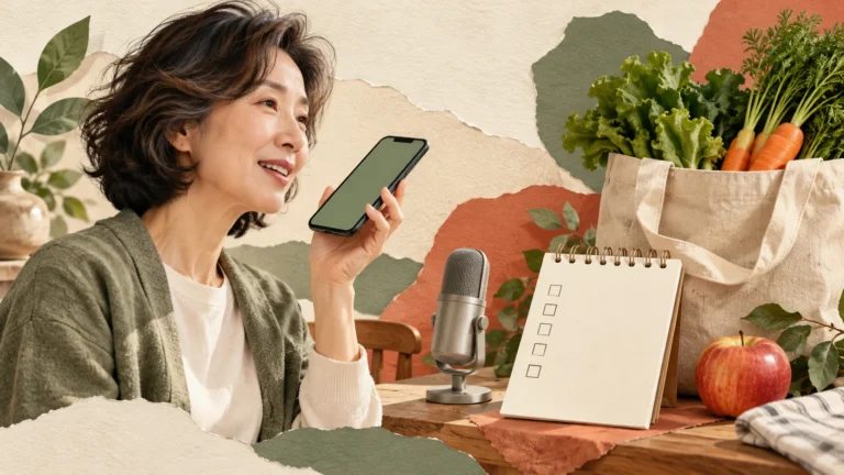 빈 체크박스 종이와 마이크, 스마트폰, 장바구니와 채소로 말해서 장보기 목록을 만드는 상황을 표현한 콜라주