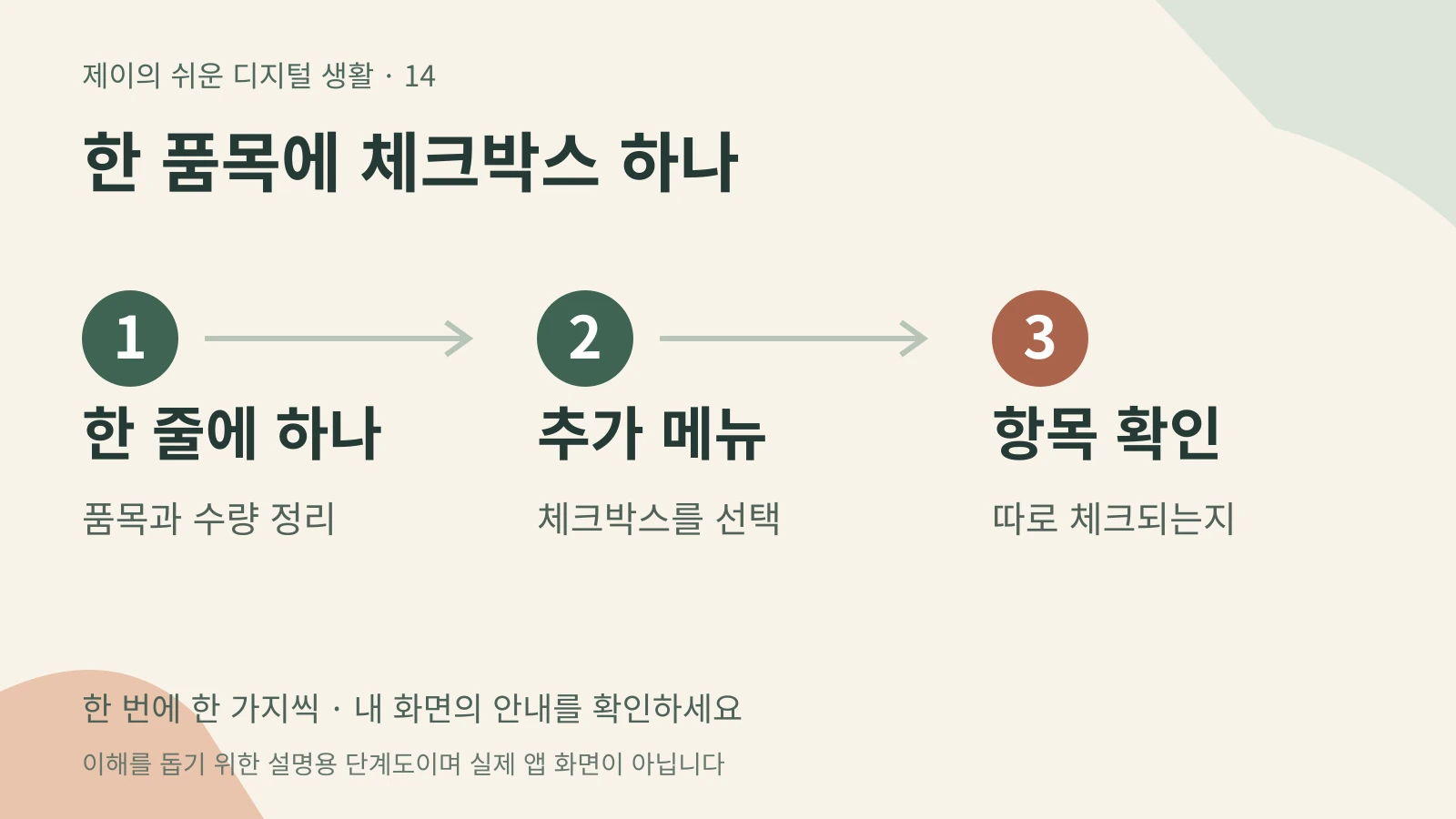 한 품목에 체크박스 하나 — 한 줄에 하나 품목과 수량 정리 → 추가 메뉴 체크박스를 선택 → 항목 확인 따로 체크되는지