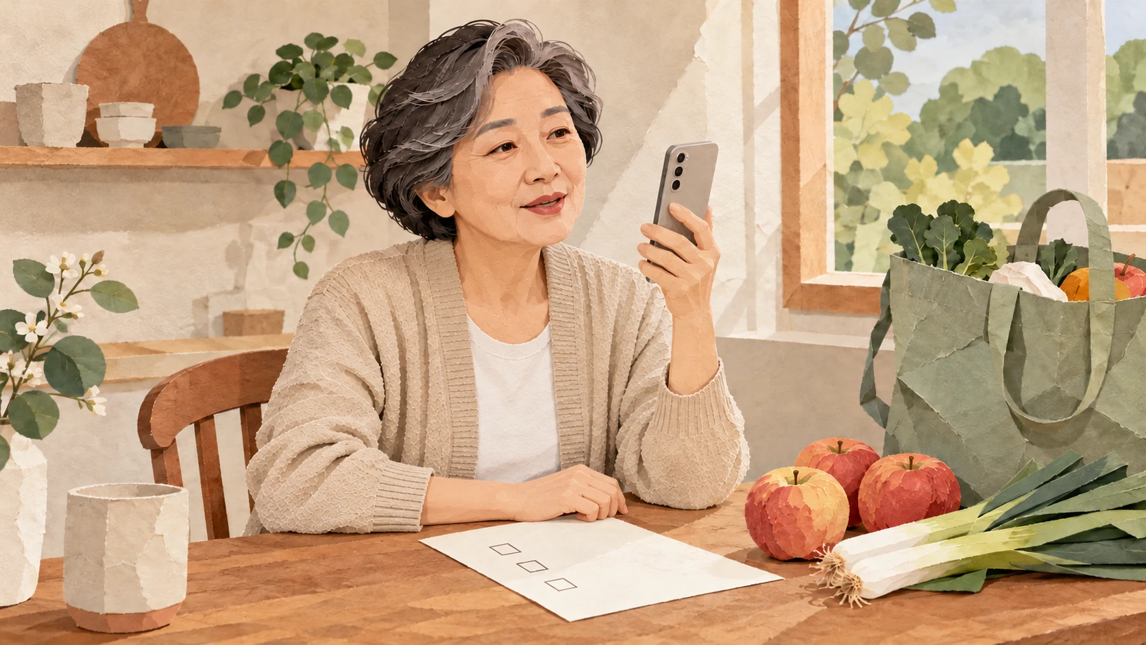 주방 식탁에 앉은 중장년 여성이 장바구니와 채소, 빈 체크 목록을 앞에 두고 휴대전화에 장볼 내용을 말하는 종이 콜라주 그림.