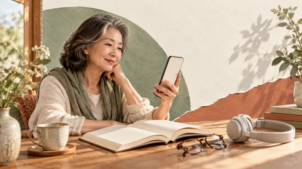 햇살 드는 책상에서 스마트폰으로 읽는 중장년 여성과 책, 안경, 헤드폰을 배치한 콜라주