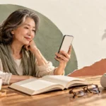 햇살 드는 책상에서 스마트폰으로 읽는 중장년 여성과 책, 안경, 헤드폰을 배치한 콜라주