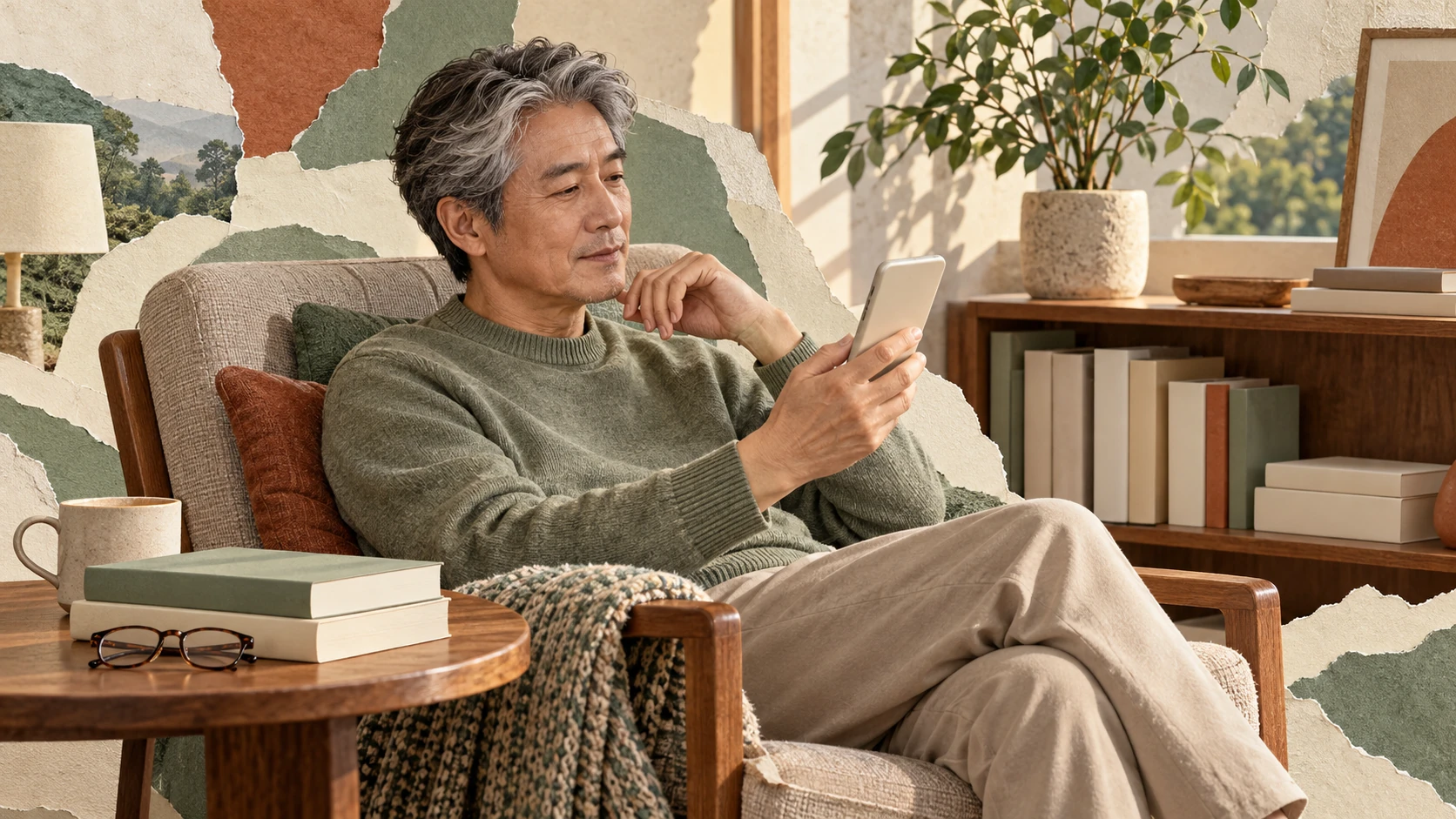 책과 돋보기안경이 놓인 편안한 독서 공간에서 중장년 남성이 의자에 앉아 휴대전화로 읽을 책을 고르는 종이 콜라주 그림.