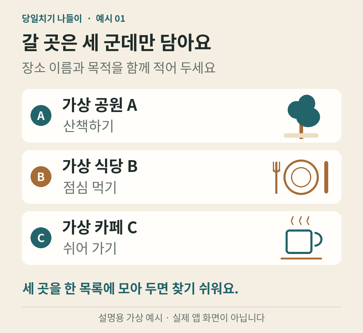 가상 공원과 식당과 카페를 목적별로 모아 둔 설명용 장소 리스트