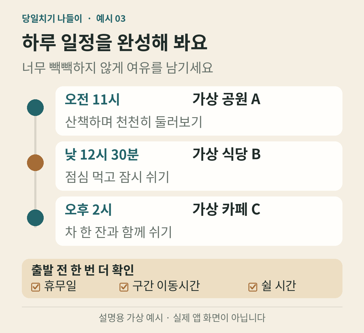 오전 11시 공원 낮 12시 30분 점심 오후 2시 카페로 구성한 가상 하루 일정